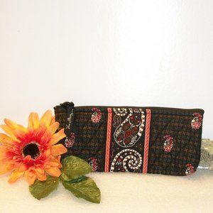 Vera Bradley Brown Houndstooth Paisley Brush & Pencil Cosmetic Case  9 x 4 NWOT